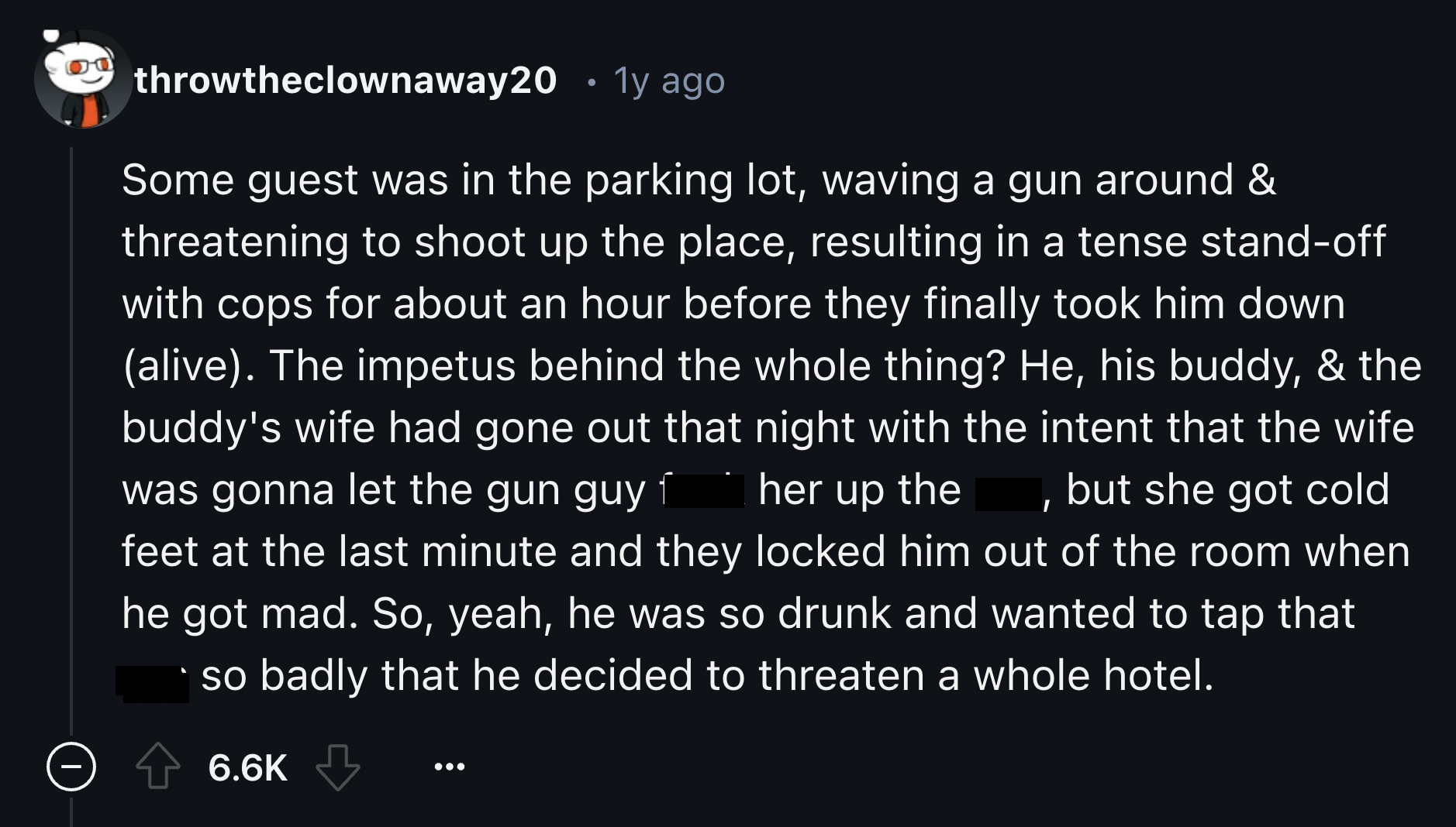 matthew 24 36 38 - throwtheclownaway20 .1y ago Some guest was in the parking lot, waving a gun around & threatening to shoot up the place, resulting in a tense standoff with cops for about an hour before they finally took him down alive. The impetus behin